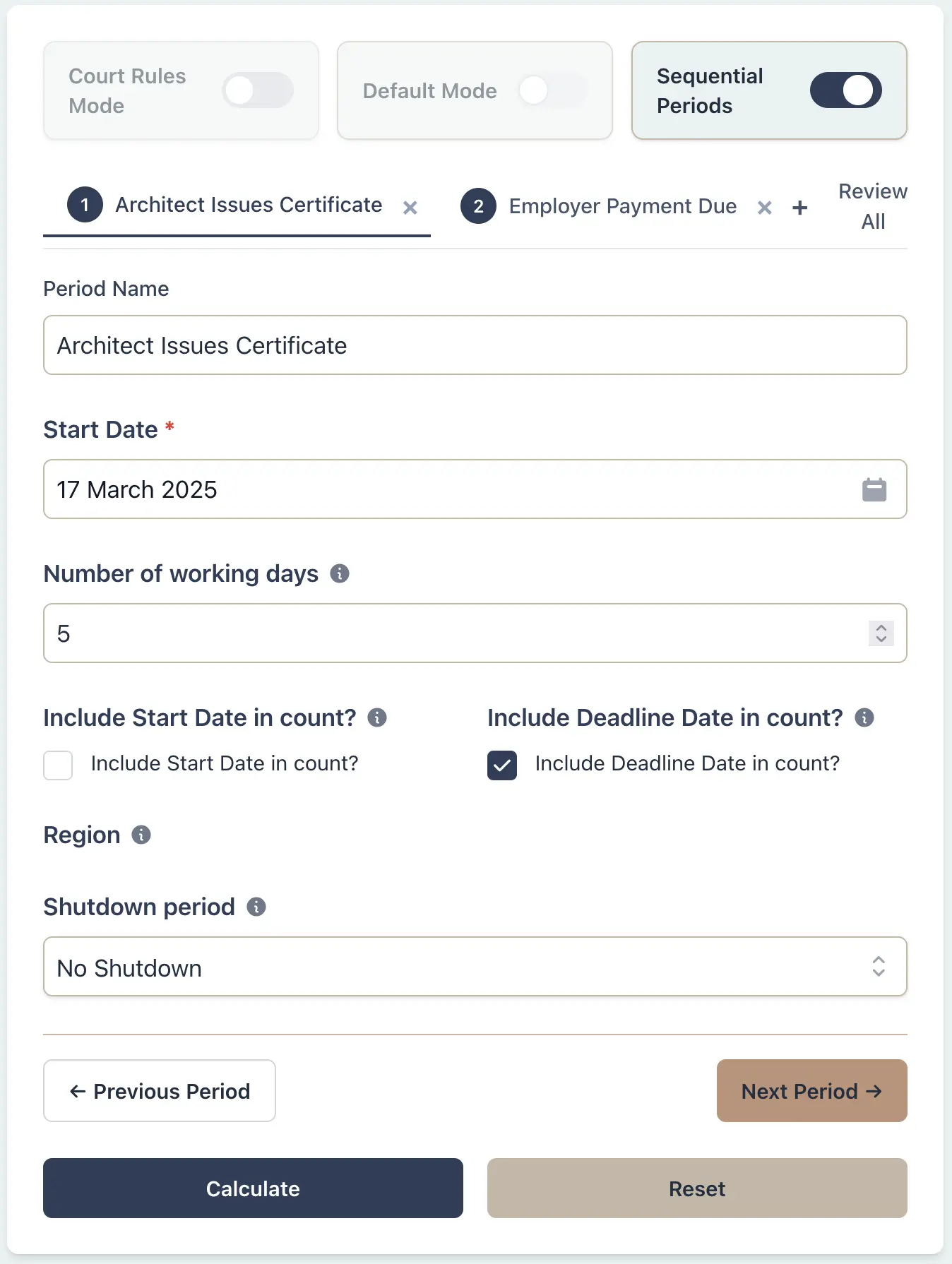 Calculator setup for RIAI construction contract payment deadlines