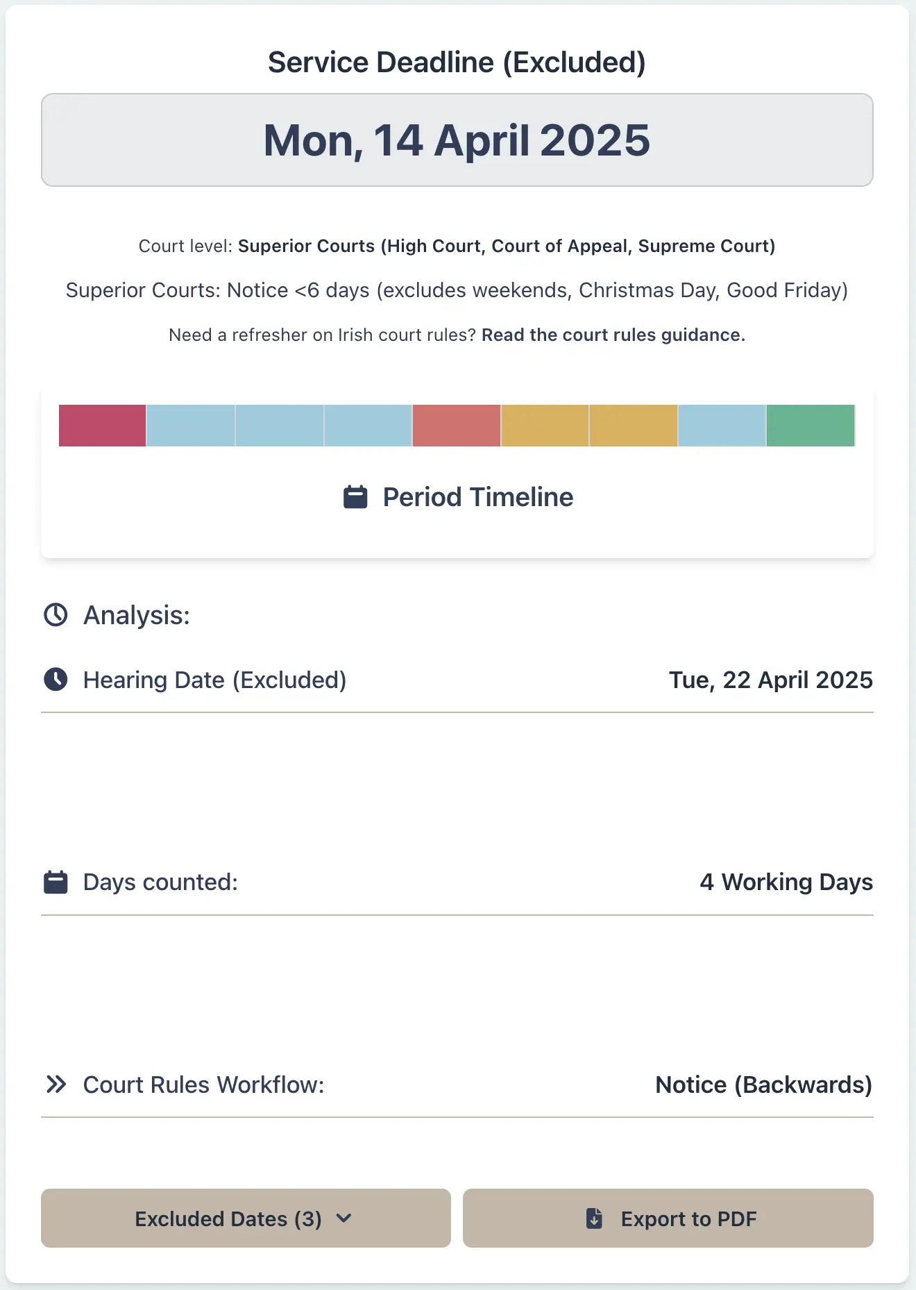 Calculator result for Irish court service deadline under RSC Order 122
