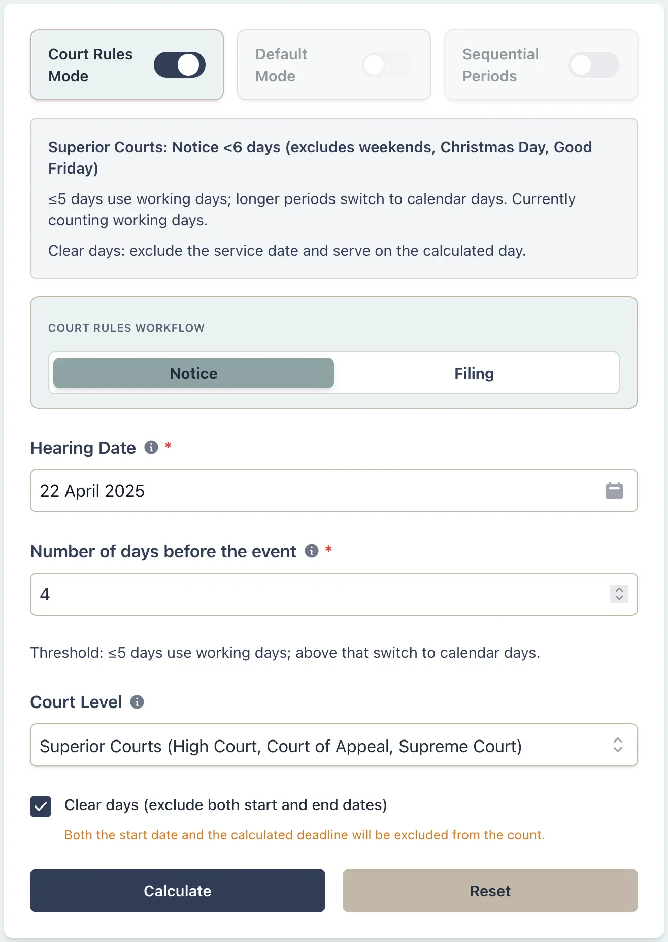 Calculator setup for Irish Superior Courts notice of motion service